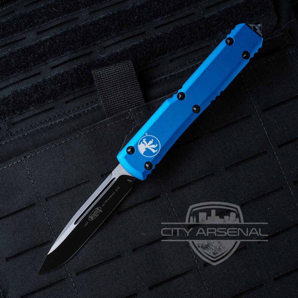 Microtech Ultratech OTF Auto Knife, S/E Standard Black Blade, Blue Handle Handles (121-1BL)