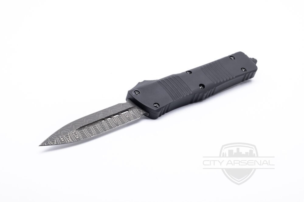 Microtech Combat Troodon D/E Signature Series Black Handle Damascus Standard Blade Ringed Hardware