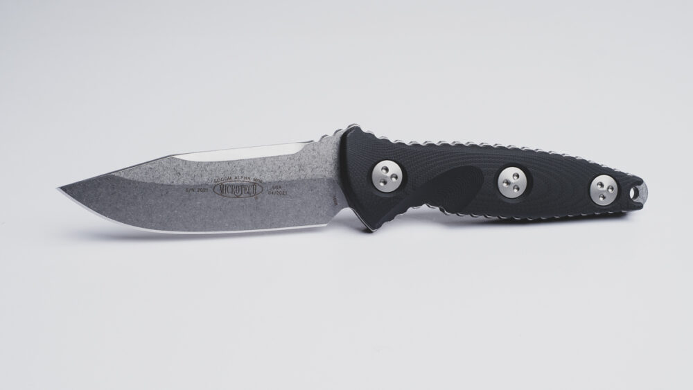 Microtech Socom Alpha Mini S/E, Black G-10 Handles, Stonewash, Fixed Blade Knife