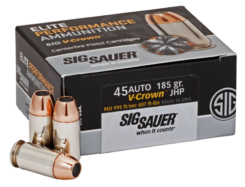 Sig Sauer Elite Performance V-Crown 45 ACP Ammunition, 185Gr., JHP, 50Rd. Box (E45AP050)