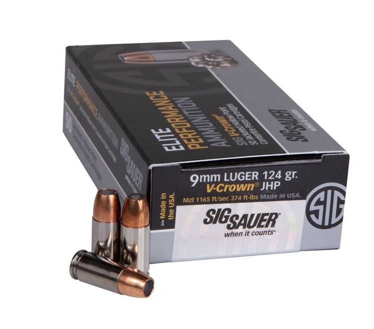 Sig Sauer 9mm Ammunition, 124Gr. Jacketed Hollow Point, Elite Performance V-Crown, 50 Rd. Box (E9MMA2-50)