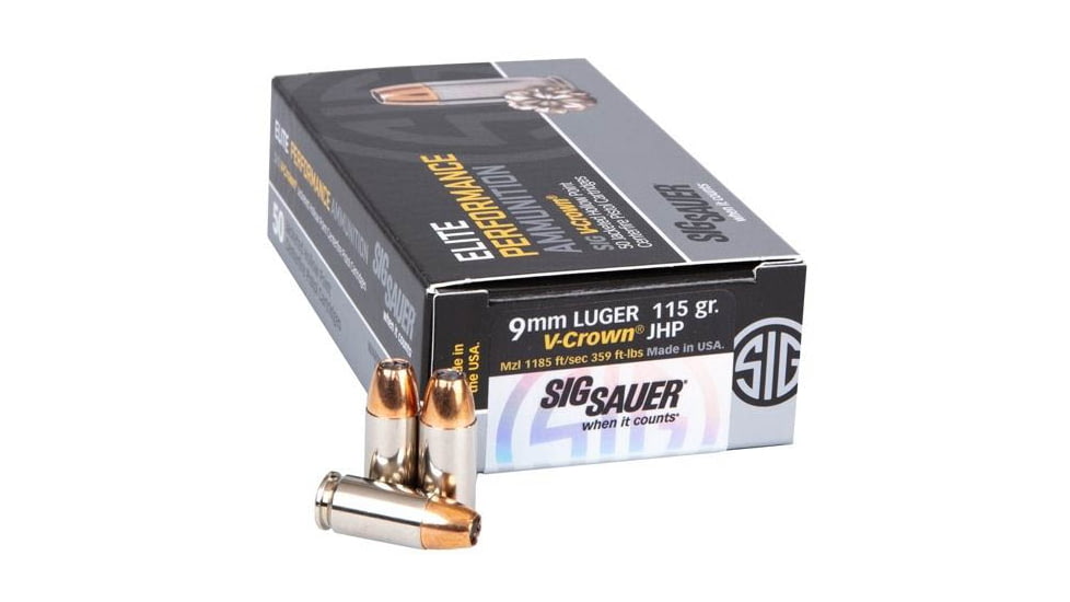 Sig Sauer V-Crown Ammunition, 9mm, 115gr., JHP, 50Rd. Box (E9MMA1-50)