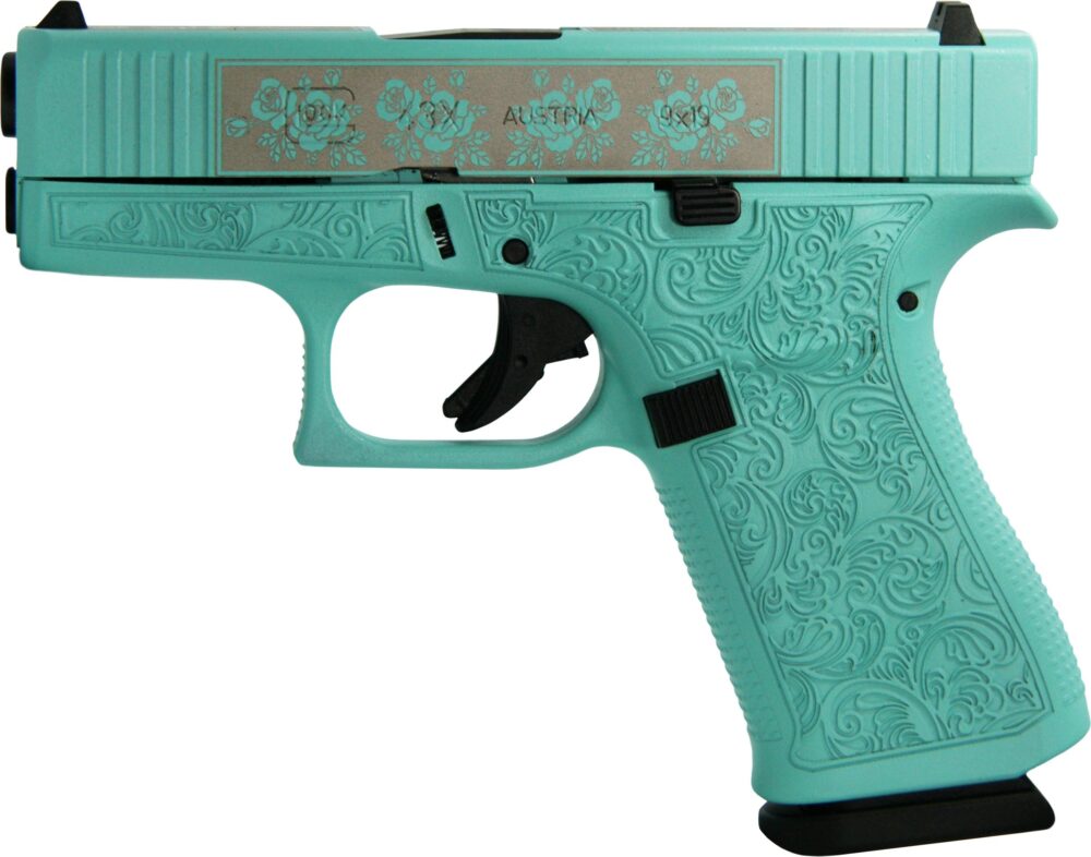 Glock 43X, Gen 4, 9mm Pistol, Custom Engraved "Glock & Roses" Tiffany Blue (GLPX4350201GRP)