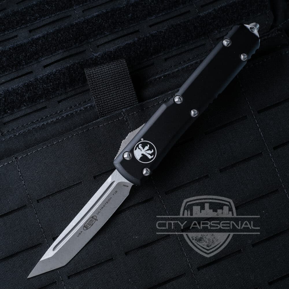 Microtech Ultratech OTF Auto Knife, T/E Apocalyptic Standard Blade, Black Handles (123-10AP)