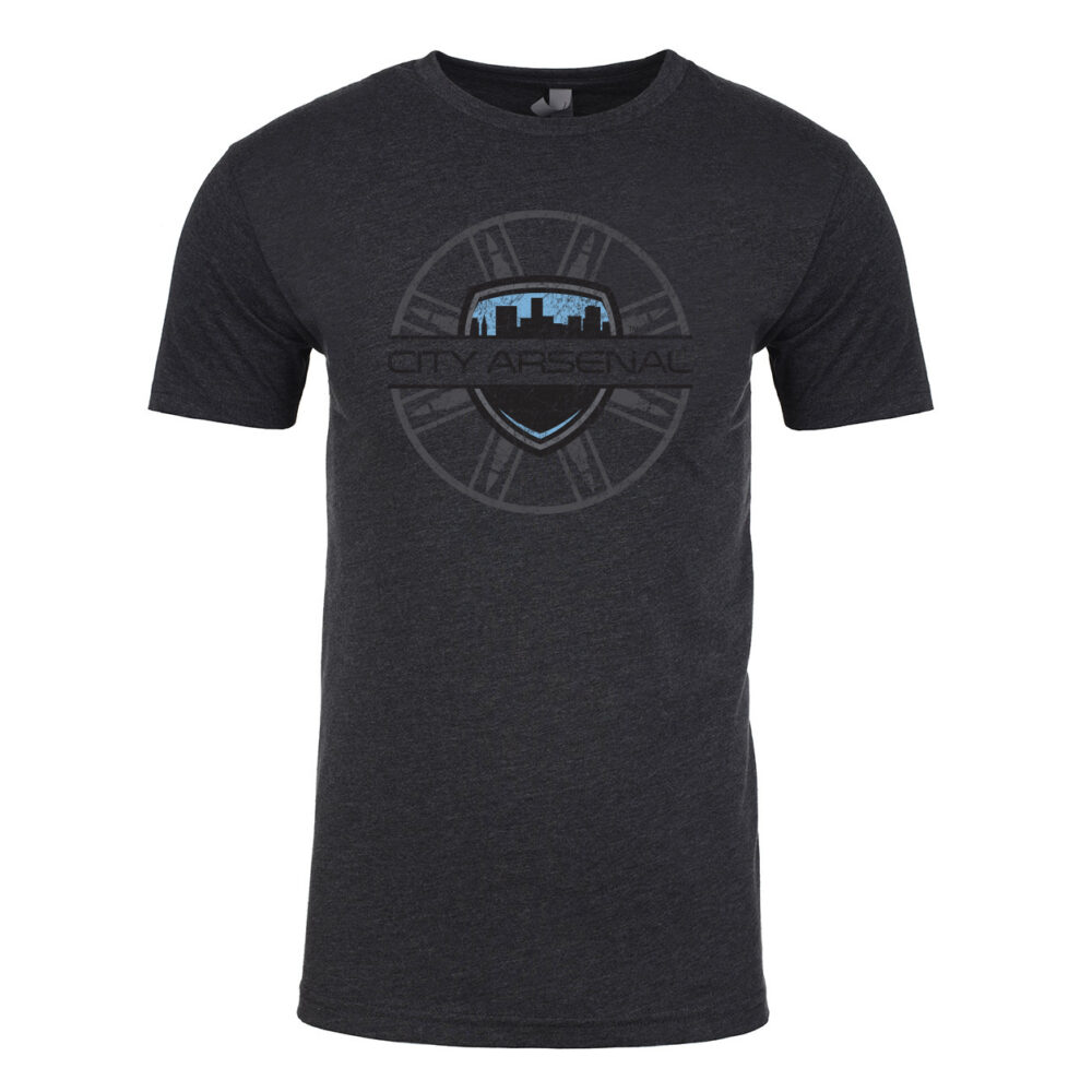 City Arsenal T-Shirt, Dark Heather Gray, Distressed Bullet Logo (CA-TS-BL-DH)