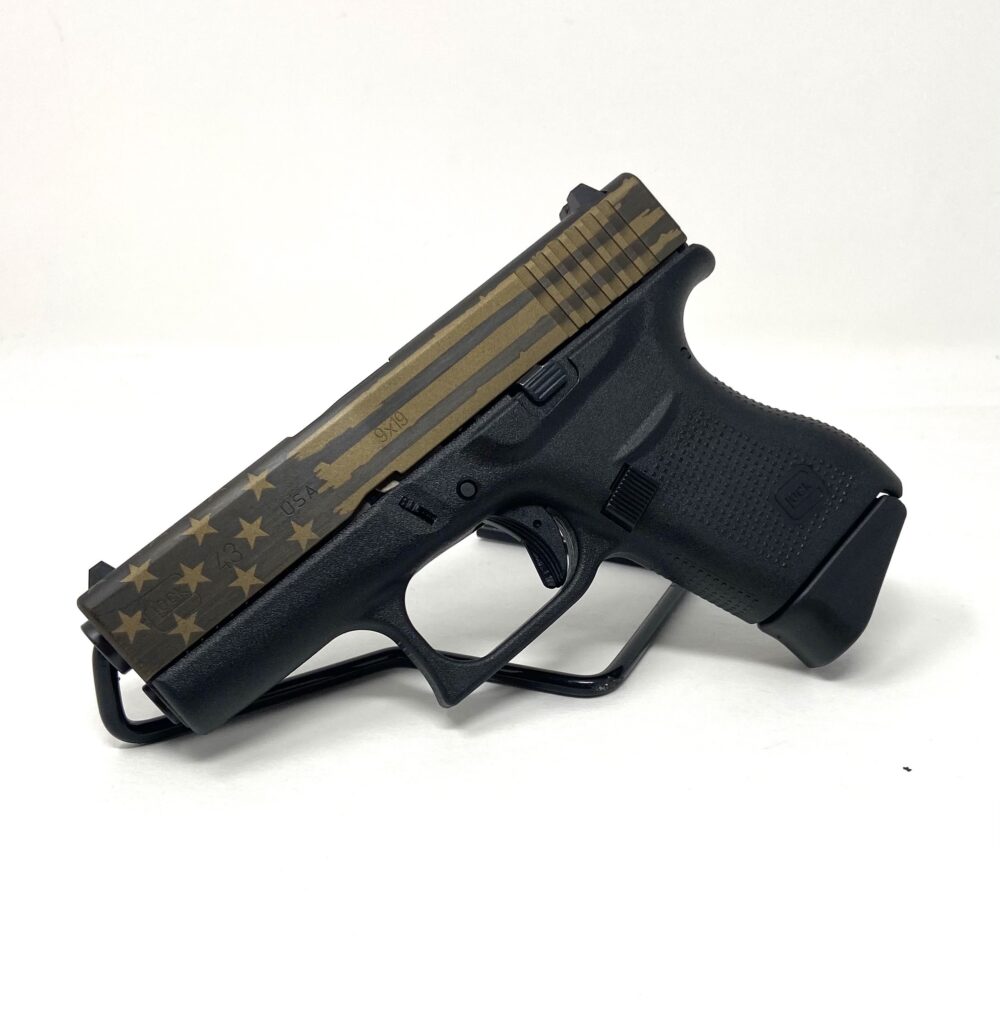 Glock G43, 9mm Pistol, Battle Worn Flag Cerakote Slide, Black Frame (UI4350201EBBF)