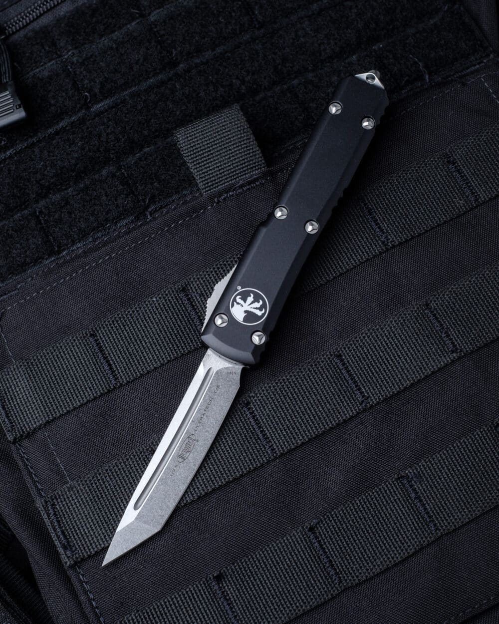 Microtech Ultratech O.T.F. Auto Knife, T/E Stonewash Standard Blade, Black Handles (123-10)