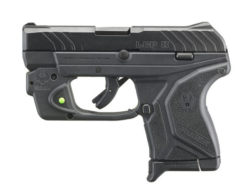 Compact and lightweight, the LCP II is designed to fit a variety of holsters. It has a rugged construction with through-hardened steel slide and one-piece, high-performance, glass-filled nylon grip frame. Textured grip frame provides a secure and comfortable grip, while a larger grip frame surface provides better distribution of recoil forces. Fixed front and rear sights are integral to the slide, while the hammer is recessed within the slide. Includes finger grip extension floorplate that can be added to the magazine for comfort and improved grip. The LCPII Utilizes Ruger's safe, reliable and proven Secure Action fire-control system that combines a protected internal hammer with a bladed-safety trigger. Safety features include an integrated trigger safety; neutrally balanced sear with significant engagement and strong spring tension; and hammer catch to help prevent the hammer from contacting the firing pin unless the trigger is pulled. This model comes with a Viridian E-Series green laser.