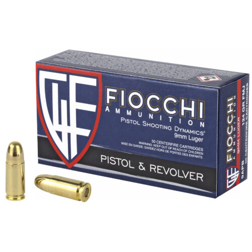 Fiocchi Ammunition, Centerfire Pistol, 9MM, 124 Grain, Full Metal Jacket, 50 Round Box