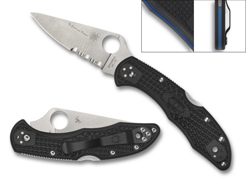 Spyderco Delica 4 Thin Blue Line Folding Knife, Satin Combo Blade, Black FRN Handles with Blue Backspacer (C11FPSBKBL)