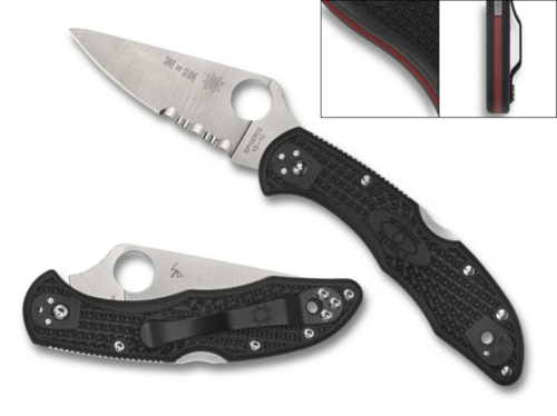 Spyderco Delica 4 Thin Red Line Folding Knife, Satin Combo Blade, Black FRN Handles with Red Backspacer (C11FPSBKRD)