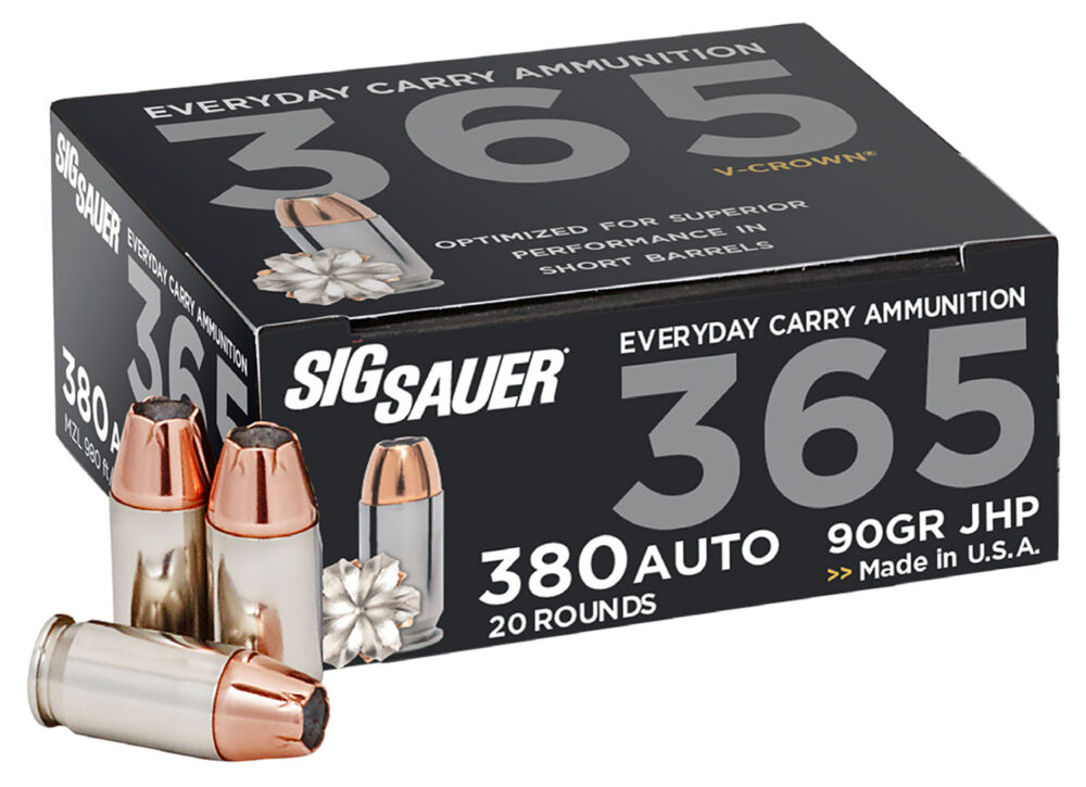 Sig Sauer Ammunition, 380ACP V-CROWN, 90gr. JHP, 20rd. Box (E380A1-365-20)