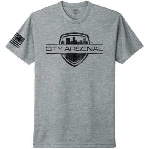 City Arsenal T-Shirt, Heather Gray with Black Distressed Shield Logo (CA-TS-ML-LG)