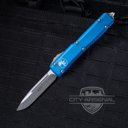 Microtech Ultratech, OTF Knife, S/E, Blue Handle, Stonewashed Blade (121-10 BL)