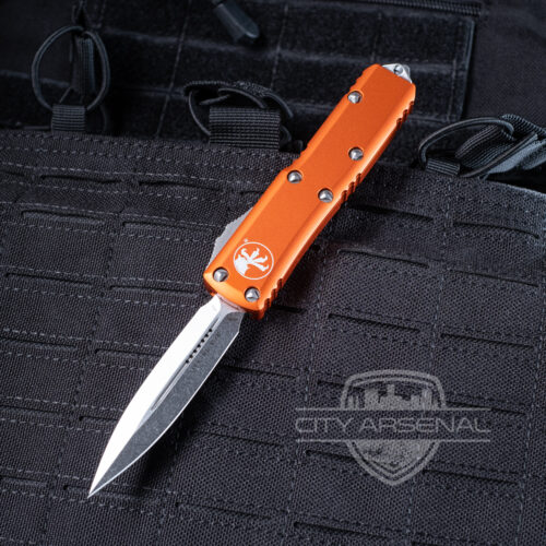 Microtech UTX-85 OTF Knife, D/E Stonewash Standard, Orange Handles (232-10OR)