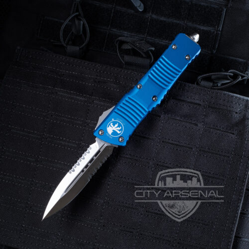 Microtech Combat Troodon, OTF Knife, D/E Satin Partial Serration, Blue Handles (142-5 BL)