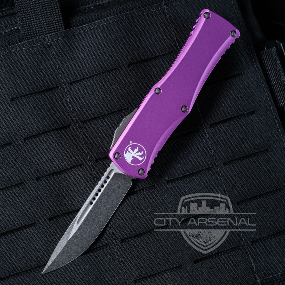 Microtech Hera OTF Auto Knife, S/E Stonewash Standard, Violet Handles (703-10 VI)
