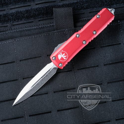 Microtech UTX-85 OTF Auto Knife, D/E Stonewash Standard Blade, Red Handles (232-10