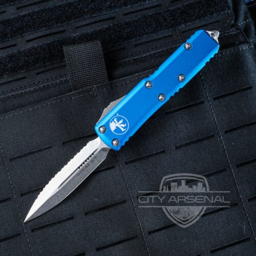 Microtech UTX-85 OTF Auto Knife, D/E Stonewash Full Serrated Blade, Blue Handles (232-12 BL)