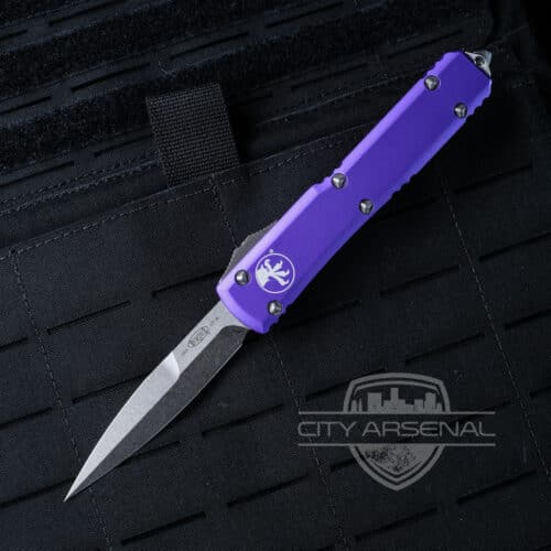 Microtech Ultratech OTF Auto Knife, Stonewash Bayonet Blade, Purple Handles (120-10PU)