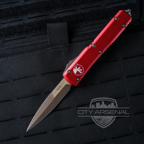 Microtech Ultratech OTF Auto Knife, Bronze Apocalyptic Bayonet Blade, Red Handles (120-13APRD)