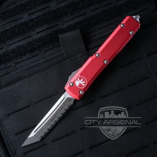 Microtech Ultratech OTF Auto Knife, Tanto Edge FS Stonewash Blade, Red Handles (123-12)
