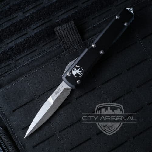 Microtech Ultratech OTF Auto Knife, Stonewash Bayonet Blade, Black Handles (120-10)