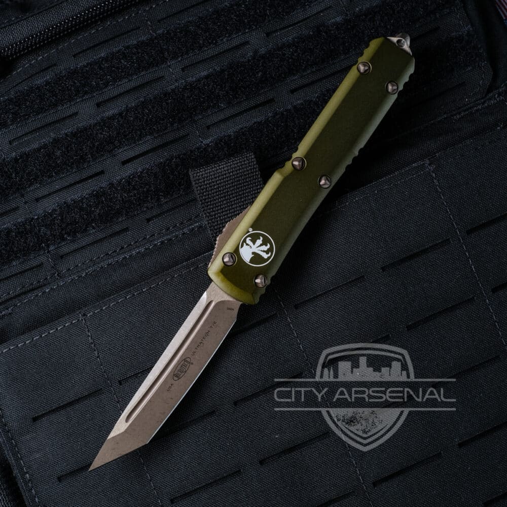 Microtech Ultratech OTF Auto Knife, Tanto Edge Bronzed Blade, OD Green Handles (123-13 APOD)