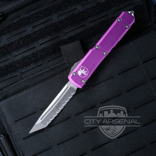 Microtech Ultratech OTF Auto Knife, Tanto Edge Stonewash FS Blade, Violet Handles (123-12 VI)