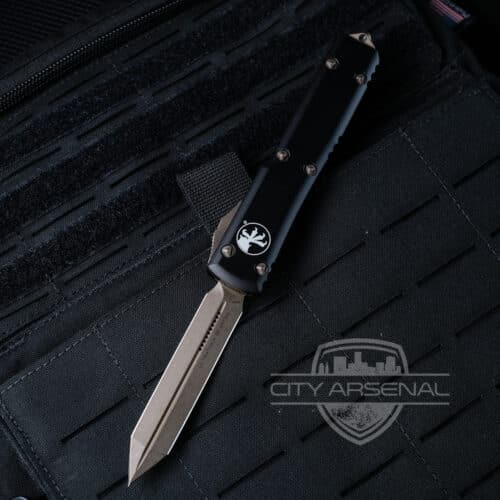 Microtech Ultratech OTF Auto Knife, Spartan Bronzed Apocolyptic Standard Blade, Black Handles (223-13AP)