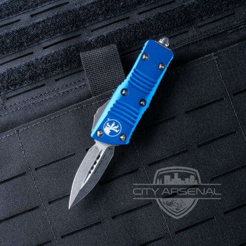 Microtech Troodon-M (Mini) OTF Auto Knife, D/E Stonewash Blade, Blue Handles (238-10 BL)