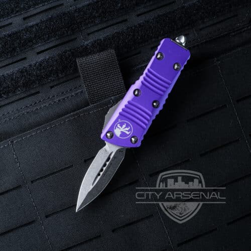 Microtech Troodon-M (Mini) OTF Auto Knife, D/E Stonewash STD Blade, Purple Handles (238-10 PU)