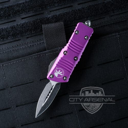 Microtech Troodon-M (Mini) OTF Auto Knife, D/E Stonewashed Blade, Violet Handles (238-10 VI)