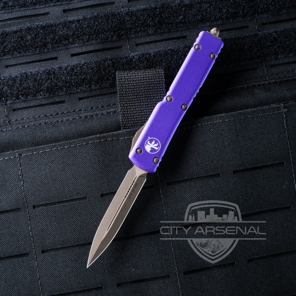 Microtech UTX-70 OTF Auto Knife, Bronze Apocalyptic DE Standard Blade, Purple Handles (147-13APPU)