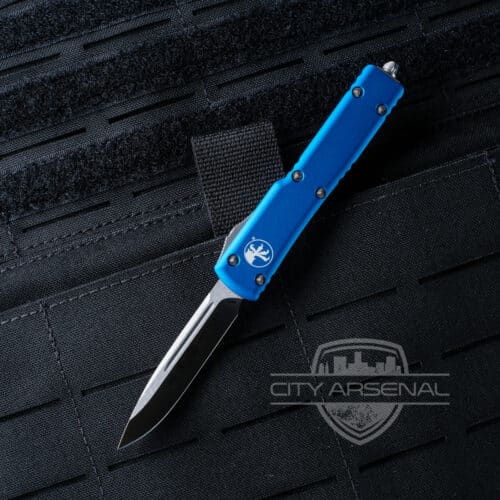 Microtech UTX-70 OTF Auto Knife, S/E Satin Blade, Blue Handles (148-4 BL)