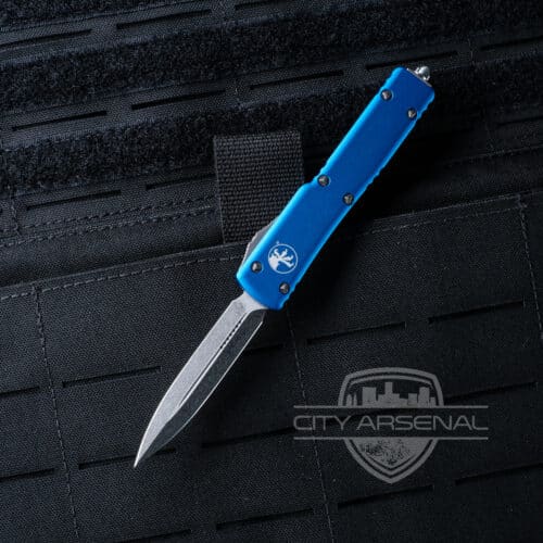 Microtech UTX-70 OTF Auto Knife, Stonewash DE Standard Blade, Blue Handles (147-10BL)