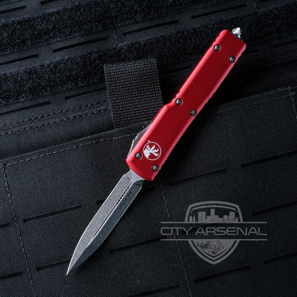 Microtech UTX-70 OTF Auto Knife, Stonewash DE Standard Blade, Red Handles (147-10RD)