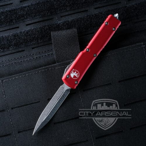 Microtech UTX-70 OTF Auto Knife, Stonewash DE Standard Blade, Red Handles (147-10RD)