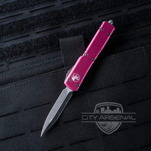 Microtech UTX-70 OTF Auto Knife, Stonewash D/E Standard Blade, Pink Handles (147-10PK)