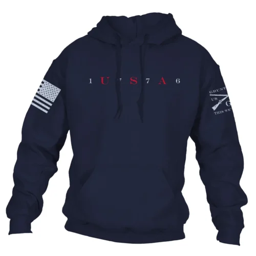 SIMPLY AMERICAN Keep it simple with this Grunt Style hoodie. When you wear this hoodie people will know that you're not only comfortable but also serious about your freedom. Show off your patriotism and your love for the red, white, and blue with this USA 76 Hoodie - Navy.