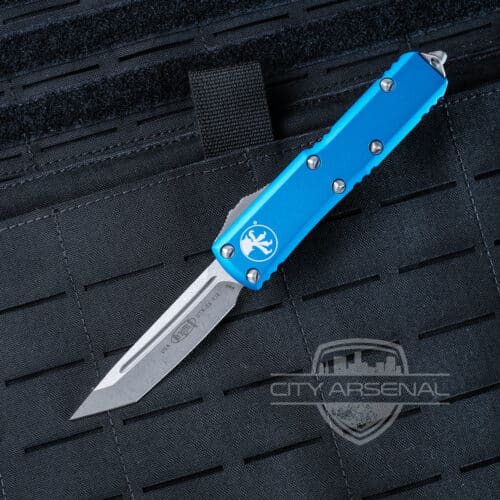 Microtech UTX-85 OTF Auto Knife, Apocalyptic Tanto Edge Standard Blade, Blue Handle