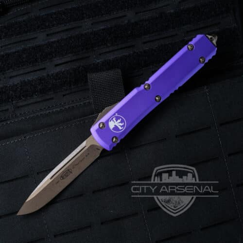 Microtech Ultratech OTF Auto Knife, Bronze Apocalyptic Single Edge Blade, Purple Handles (121-13APPU)