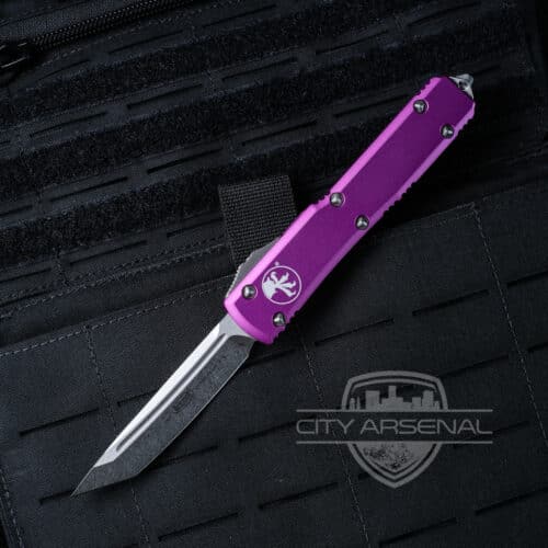 Microtech Ultratech OTF Auto Knife, Tanto Edge Stonewash Blade, Violet Handles (123-10 VI)