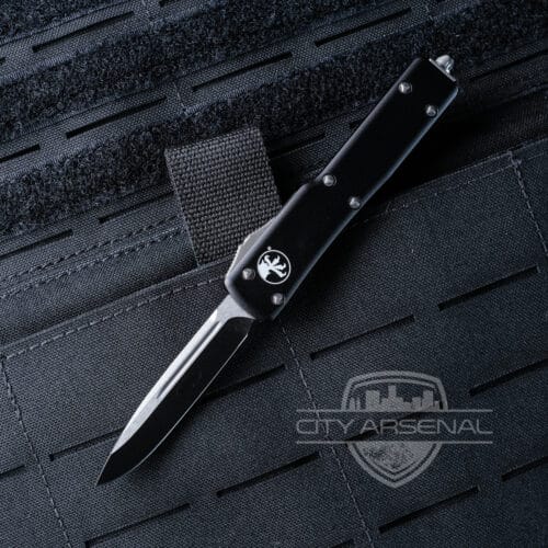 Microtech UTX-70 OTF Auto Knife, S/E Satin Blade, Black Handles (148-4)