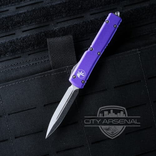 Microtech UTX-70 OTF Auto Knife, D/E Stonewash Blade, Purple Handles (147-10 PU)