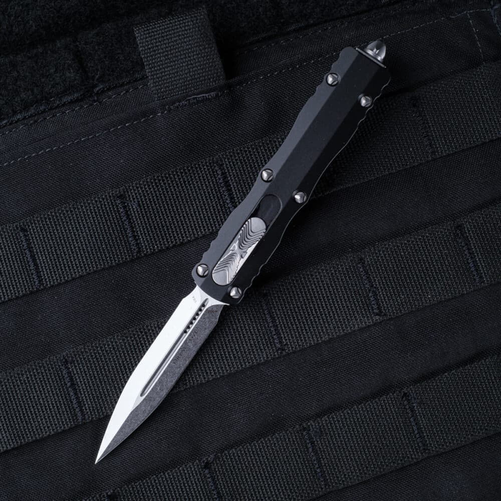 Microtech Dirac O.T.F. Knife, D/E Stonewash Blade, Black Handles