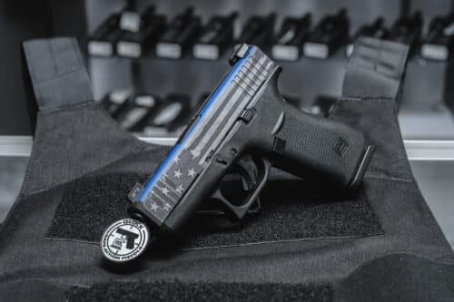 Glock 43X 9mm Pistol, AmeriGlo Night Sights, Exclusive Thin Blue Line American Flag Finish (LAWPX4350302ABBFL)