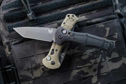Benchmade Claymore Auto Knife, Tanto CPM-D2 Plain Edge Blade, Grivory Handles (9071BK