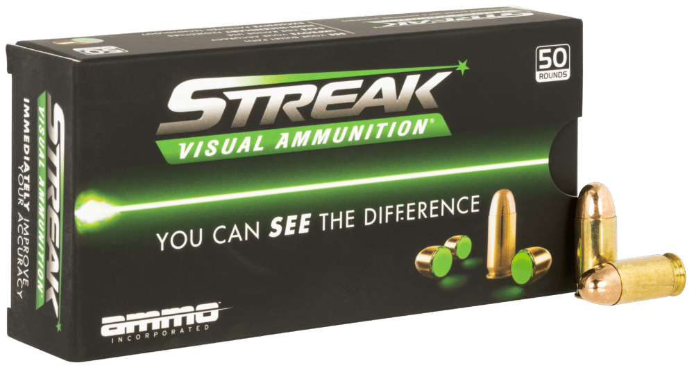 Ammo Inc., Streak Visual, 45ACP, 230Gr, Total Metal Case, 50Rds, Green (45230TMC-STRK-GRN-50)