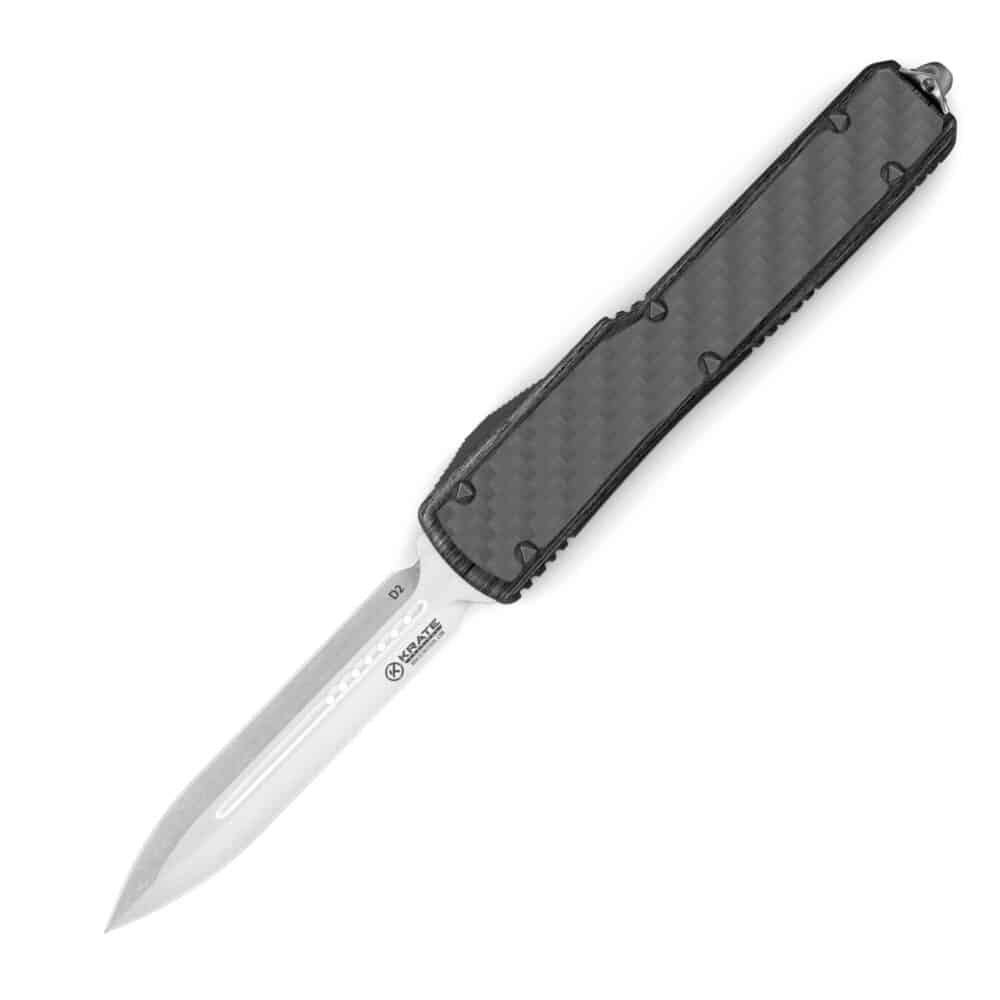 Krate Tactical, "Parallax" OTF Knife, Double Edge Blade, Black Carbon Fiber (KRT-OTF-CF-DGR-BLK-X)